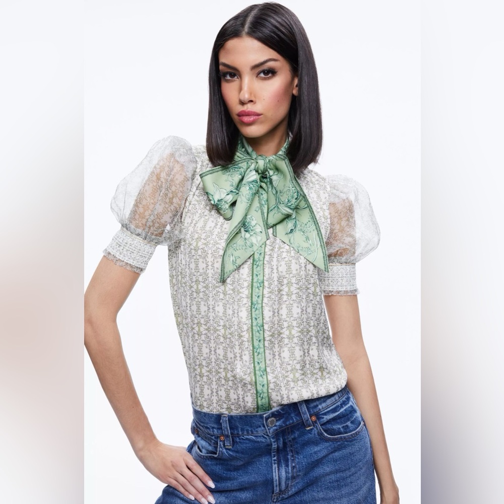 NWT $395 Alice + Olivia Brentley Tie Neck Puff Sleeve Blouse - Picture 1 of 8